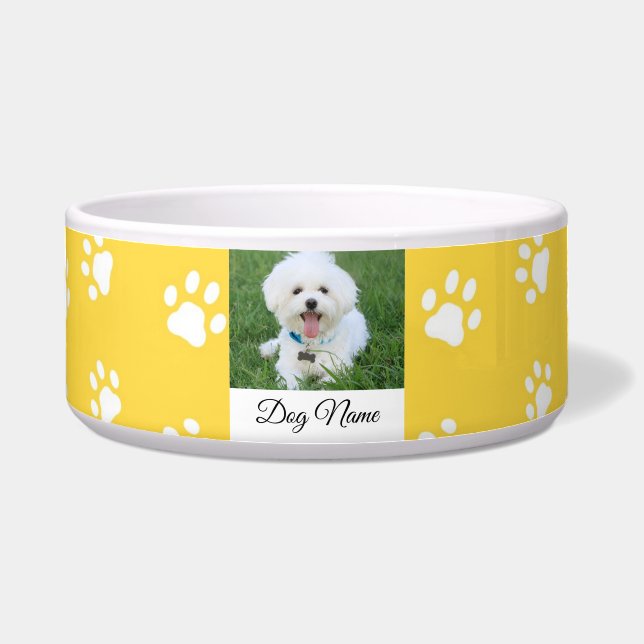 Cute Paw Print Dog Name Bowl (Front)