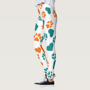 Cute Paw Print & Hearts Leggings – Orange & Blue 