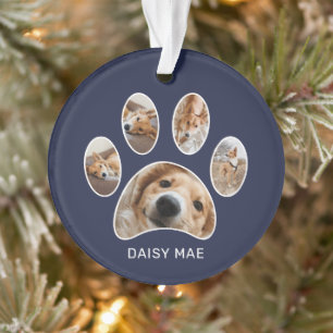 Cute Paw Print Pet Name Year Photo Collage Blue Ornament