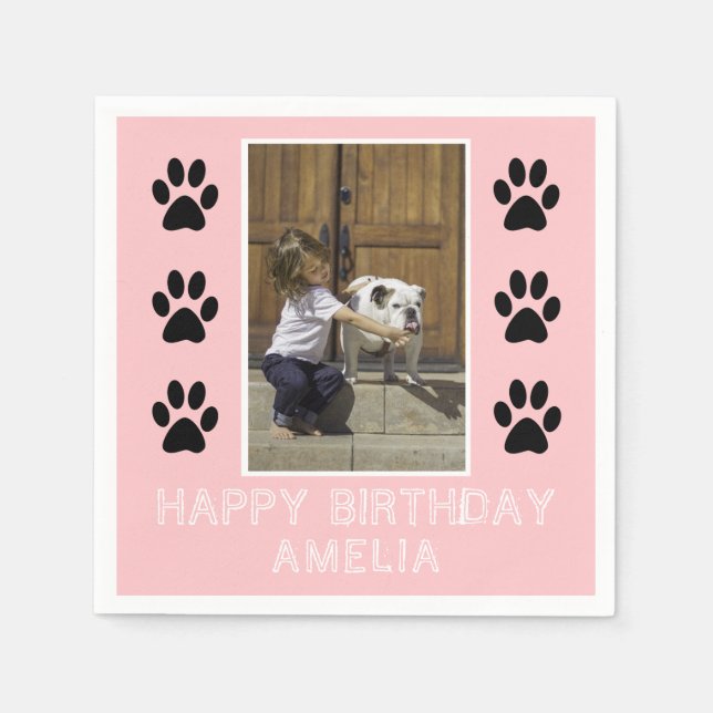Cute Paw Print Pink Girl Name Photo Birthday Party Napkin (Front)