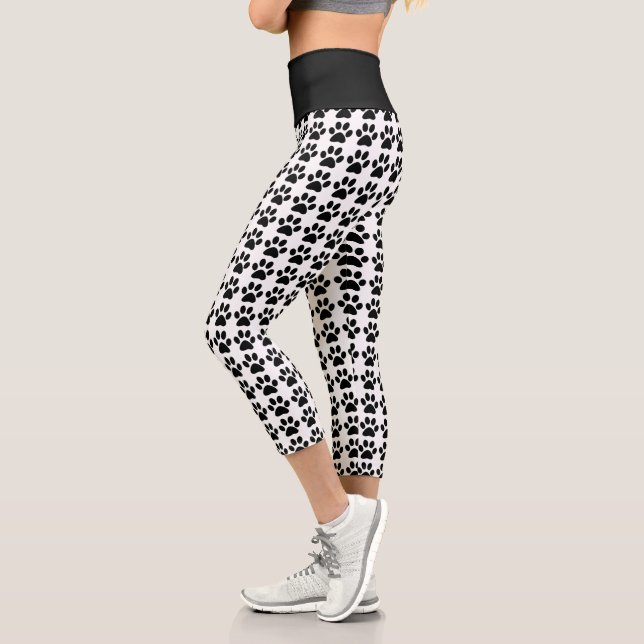 Cute Paw Print White Black Pattern Trendy Fitness Capri Leggings (Left)