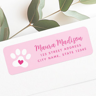Cute paw print with heart pink return address return address label