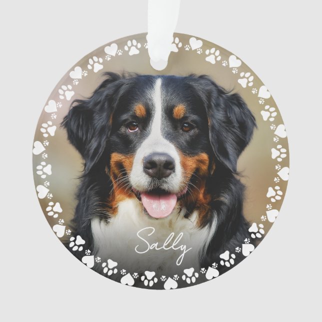 Cute Paw Prints and Hearts Frame Custom Pet Photo Ornament (Front)