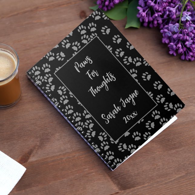 Cute Paw Prints Custom Cat Mum Name Black Notebook (If you love pet paws and thoughts then this is the notebook for you. Just add your name)