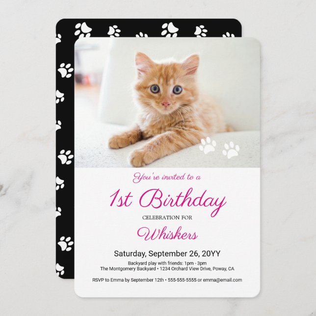 Cute Paw Prints Custom Pet Birthday Party Photo Invitation (Front/Back)