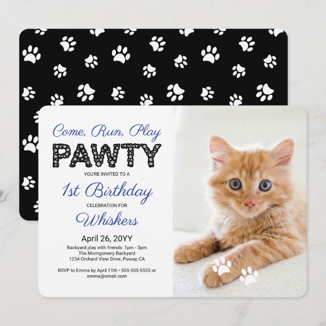 Cute Paw Prints Custom Photo Pet Birthday Party Invitation (Front/Back)