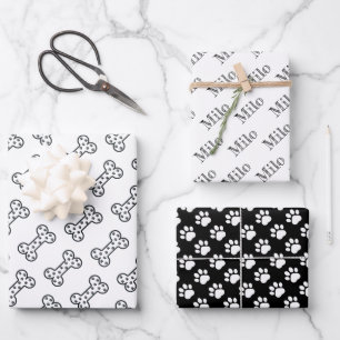 Cute Paw Prints Dog Bones Custom Name Wrapping Paper Sheet