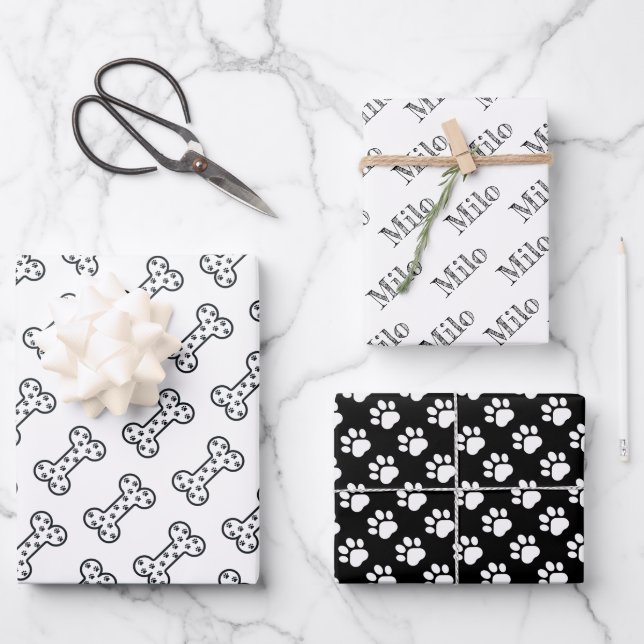 Cute Paw Prints Dog Bones Custom Name Wrapping Paper Sheet (Front)