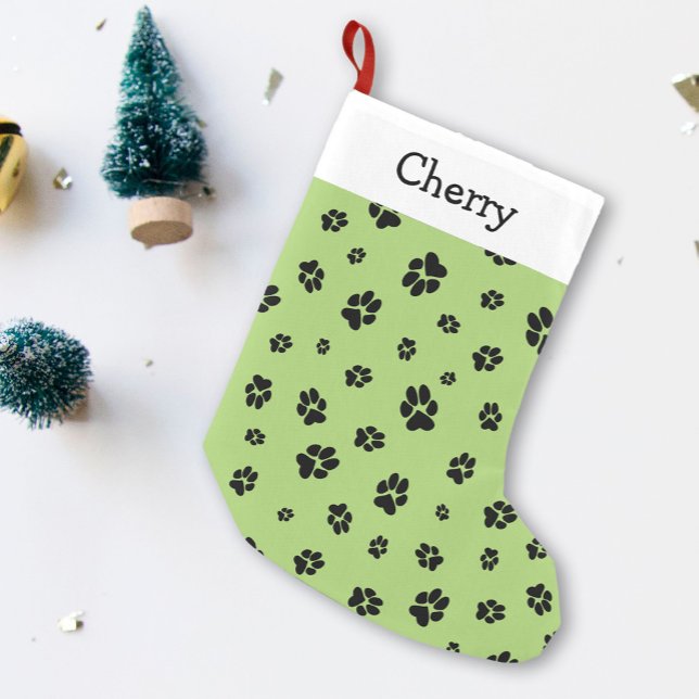 Cute Paw prints Pattern Green Pet Name Small Christmas Stocking (Creator Uploaded)