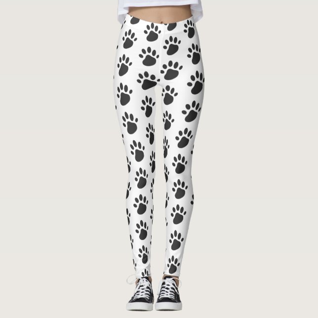 Cute Paw Prints Pattern White Black Leggings (Front)