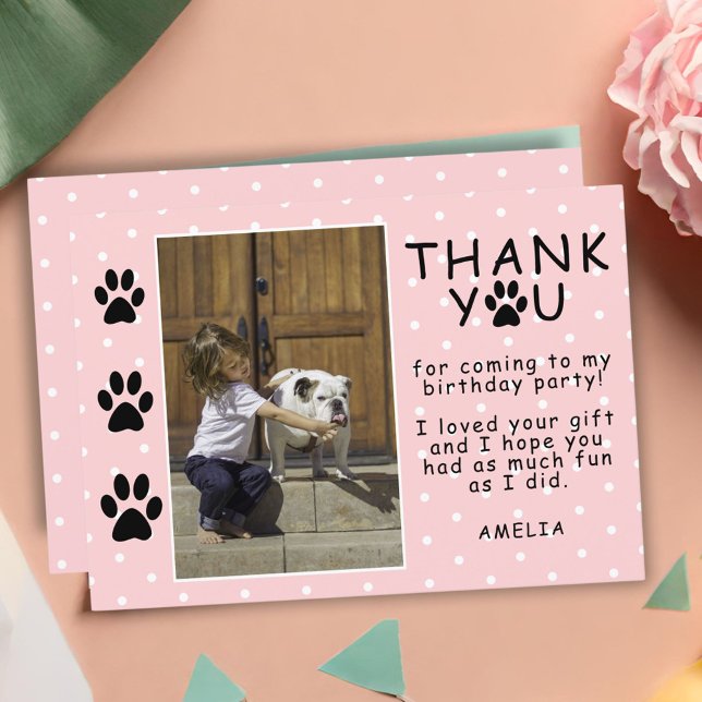 Cute Paw Prints Pink Birthday Thank you Photo Card (Creator Uploaded)