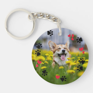Cute Paw Prints & Red Hearts Pet Photos Key Ring