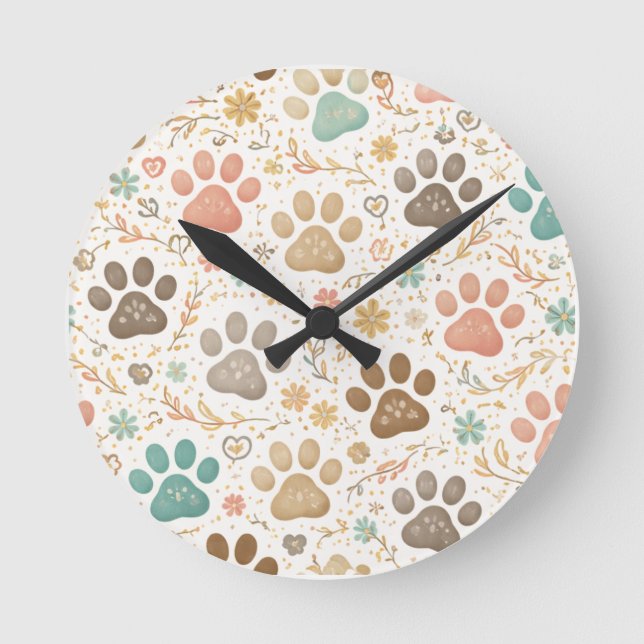 Cute Paw Prints Round Clock (Front)