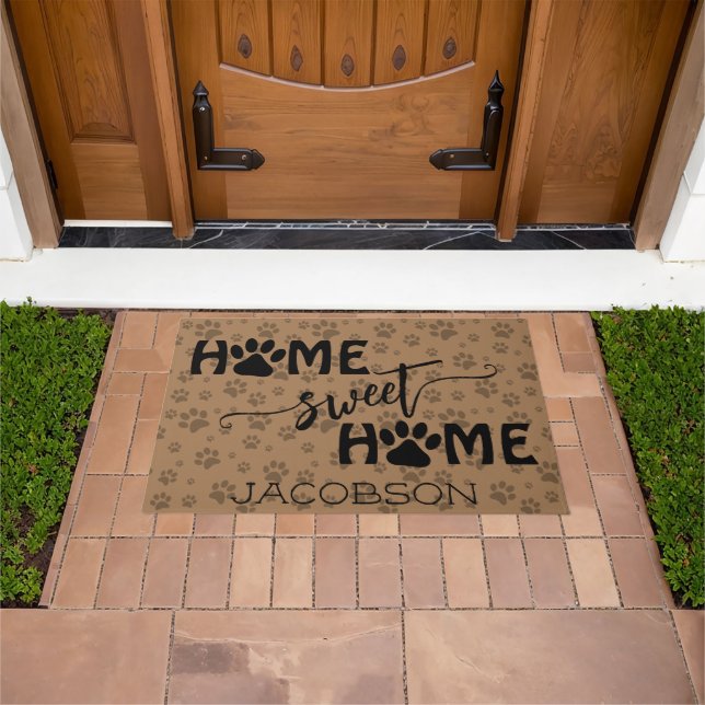 Cute Paw Prints with Name Home Sweet Home Tan Doormat (Outdoor)