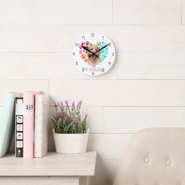 Cute paw Rainbow gradient Heart golden Dog Pet  Round Clock (Reading Room)
