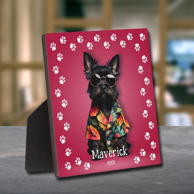 Cute Pawprint Border Schnauzer Pet Plaque (Cute Miniature Schnauzer pet easel-back plaque - CHANGE to your pet!)