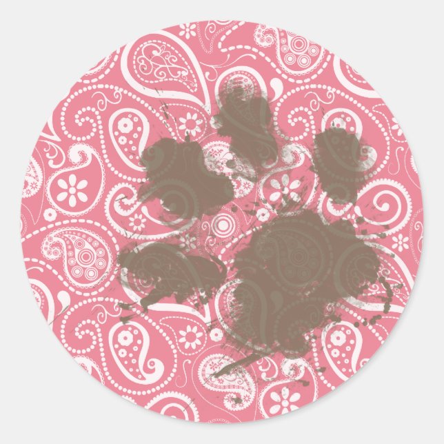 Cute Pawprint on Blush Pink Paisley Classic Round Sticker (Front)