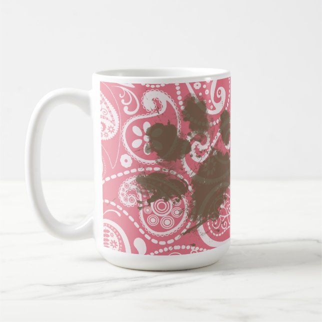 Cute Pawprint on Blush Pink Paisley Coffee Mug (Left)