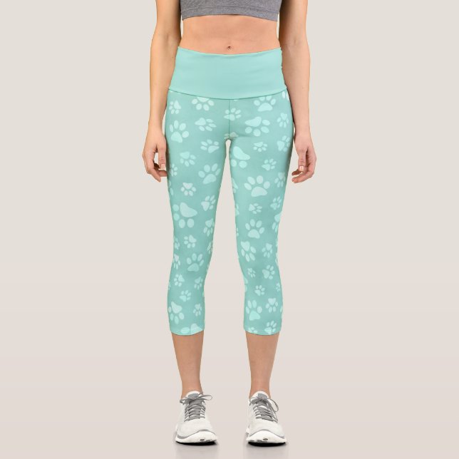 Cute Paws Pattern Mint Capri Leggings (Front)