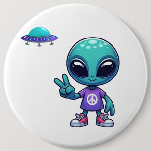 Cute Peace Alien & Space Ship 6 Cm Round Badge