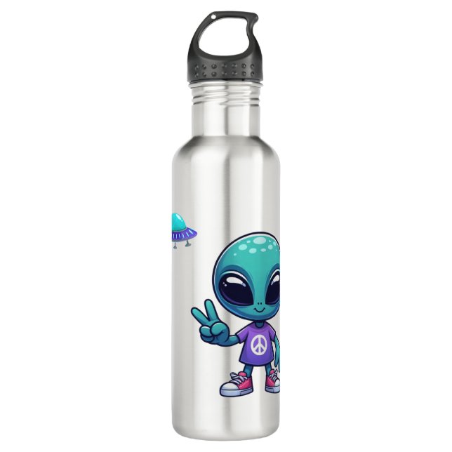 Cute Peace Alien & Space Ship 710 Ml Water Bottle (Front)