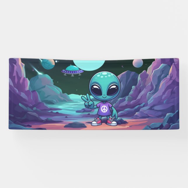 Cute Peace Alien & Space Ship Banner (Horizontal)