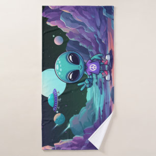 Cute Peace Alien & Space Ship Bath Towel