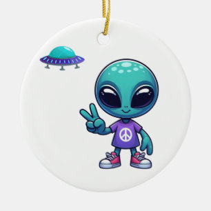Cute Peace Alien & Space Ship Ceramic Ornament
