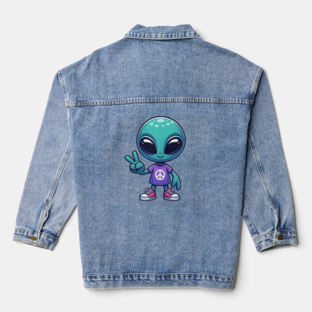 Cute Peace Alien & Space Ship Denim Jacket (Back)