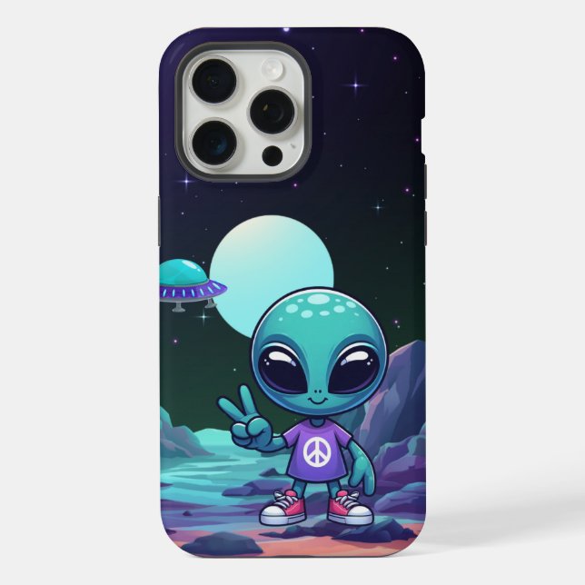 Cute Peace Alien & Space Ship iPhone Case (Back)