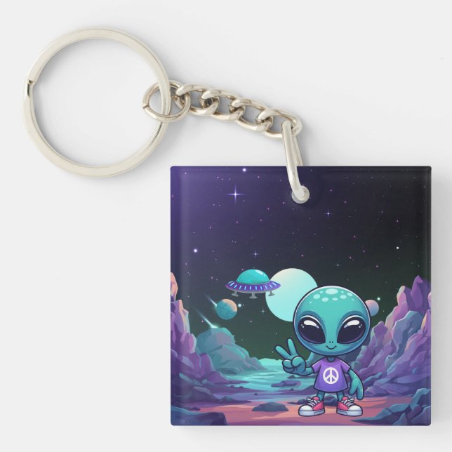 Cute Peace Alien & Space Ship Key Ring (Front)