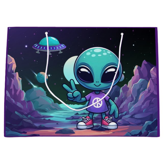 Cute Peace Alien & Space Ship Large Gift Bag (Front)