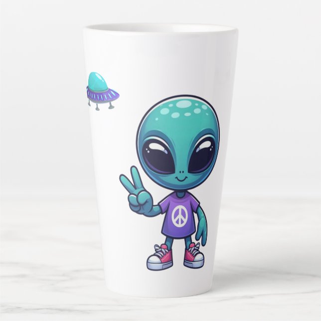 Cute Peace Alien & Space Ship Latte Mug (Front)