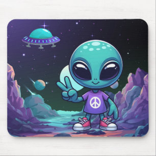 Cute Peace Alien & Space Ship Mouse Pad