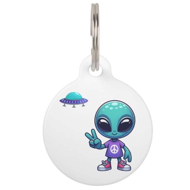 Cute Peace Alien & Space Ship Pet Tag (Front)