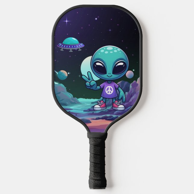 Cute Peace Alien & Space Ship Pickleball Paddle (Front)