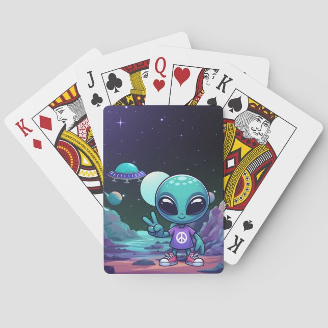 Cute Peace Alien & Space Ship Playing Cards (Back)