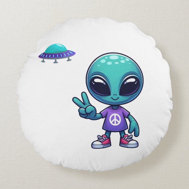 Cute Peace Alien & Space Ship Round Cushion (Front)