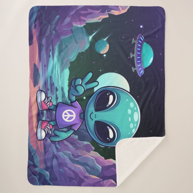 Cute Peace Alien & Space Ship Sherpa Blanket (Front)