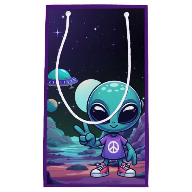 Cute Peace Alien & Space Ship Small Gift Bag (Front)