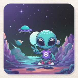 Cute Peace Alien & Space Ship Square Paper Coaster