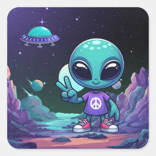 Cute Peace Alien & Space Ship Square Sticker
