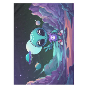 Cute Peace Alien & Space Ship Tablecloth