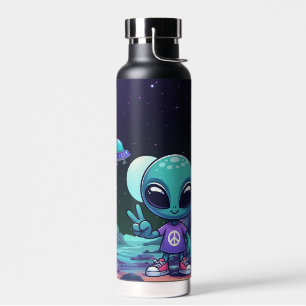 Cute Peace Alien & Space Ship Water Bottle