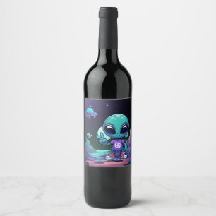 Cute Peace Alien & Space Ship Wine Label