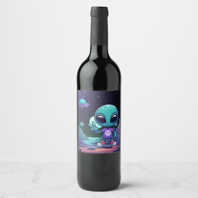 Cute Peace Alien & Space Ship Wine Label (Front)