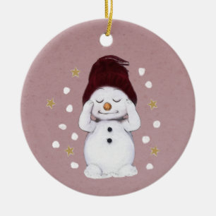 Cute Peaceful Snowman Pink Christmas Holiday Ceramic Ornament