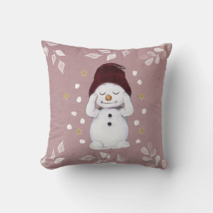 Cute Peaceful Snowman Pink Christmas Holiday Cushion