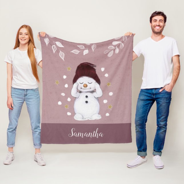Cute Peaceful Snowman Pink Christmas Holiday Fleece Blanket (In Situ)
