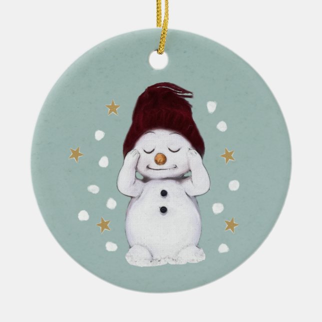 Cute Peaceful Snowman Winter Blue Christmas Ceramic Ornament (Front)